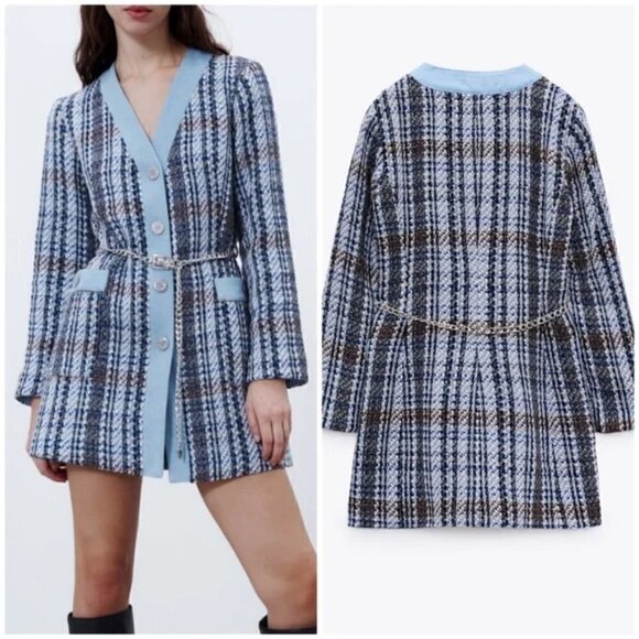 New Zara Combination Structured Denim Tweed Blue Coat / Dress / Blazer New Small - Picture 1 of 17